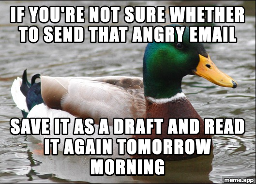 Actual Advice Mallard meme advising to save angry emails as drafts and re-read them the next morning