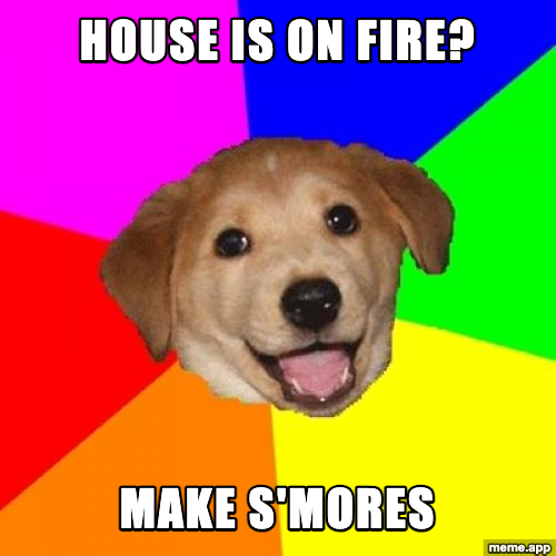 Advice Dog meme recommending making s'mores when your house is on fire