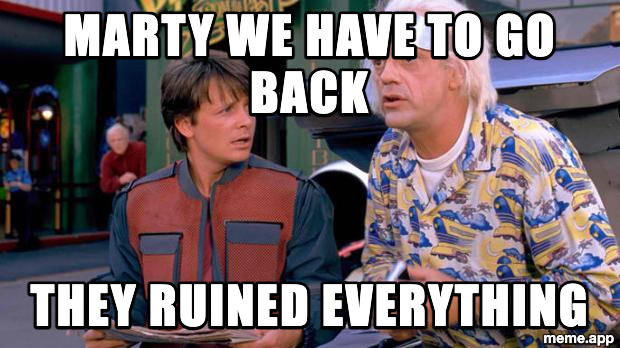 Back to the Future meme with Marty and Doc Brown reacting to the state of the future