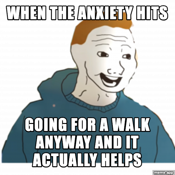 Bloomer Wojak meme about going for a walk when anxiety hits and it actually helping