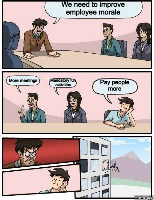 Boardroom Meeting Suggestion meme where the person who suggests paying people more gets thrown out the window