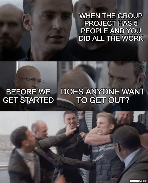 Captain America Elevator meme about doing all the work in a group project and confronting the team