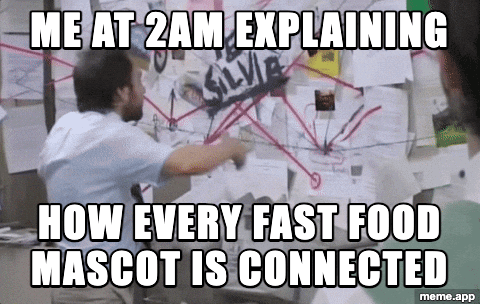 Animated Charlie Conspiracy GIF meme about explaining at 2am how every fast food mascot is connected