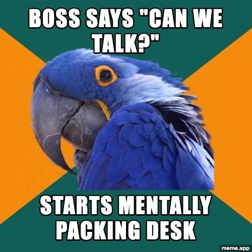 Paranoid Parrot meme about mentally packing your desk when your boss says can we talk