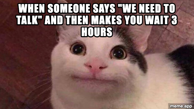 Polite Cat meme about being told "we need to talk" and then waiting 3 hours with a forced smile