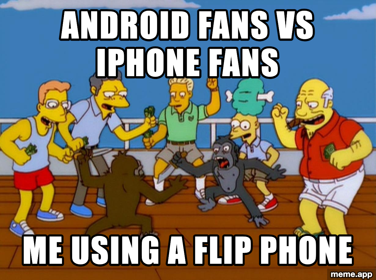 Simpsons Monkey Fight meme about Android and iPhone fans fighting while someone uses a flip phone