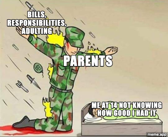 Soldier Protecting Sleeping Child meme about parents shielding you from bills and responsibilities while you had no idea how good you had it