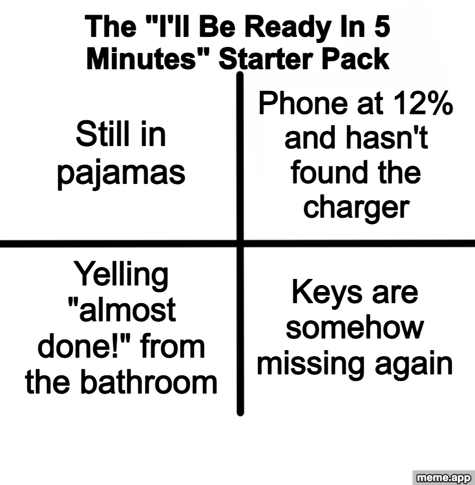 Starter Pack meme listing four traits of someone who says they'll be ready in 5 minutes