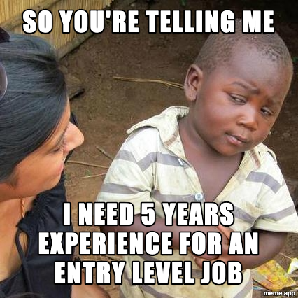 Third World Skeptical Kid meme questioning needing 5 years experience for an entry level job