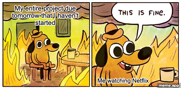 This Is Fine meme about watching Netflix while an entire project is due tomorrow