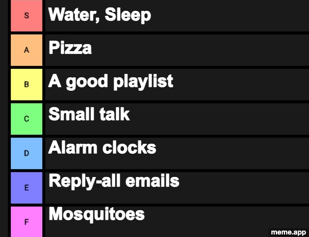 Tier list meme ranking everyday things from S-tier water and sleep to F-tier mosquitoes