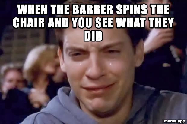 Tobey Maguire crying meme about seeing your haircut when the barber spins the chair
