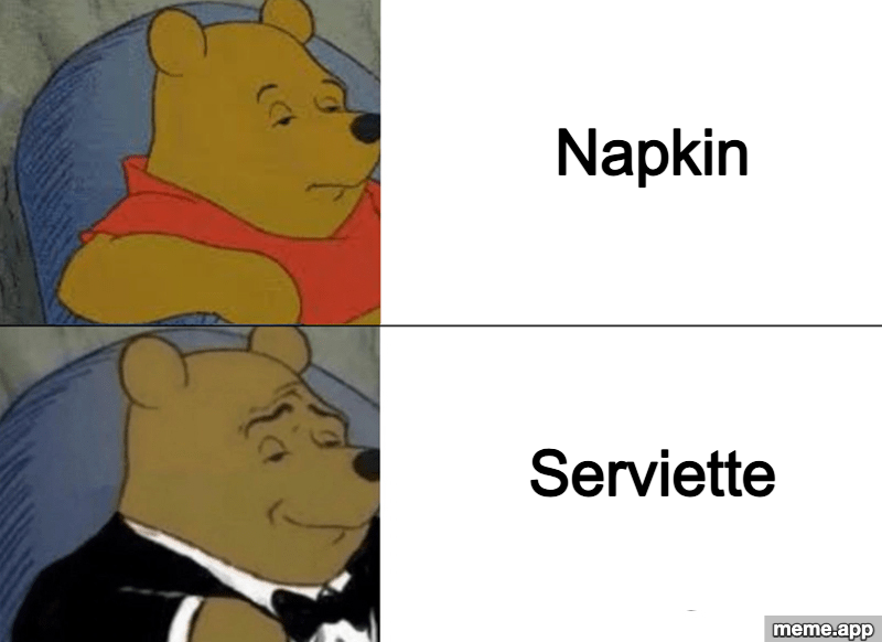 Tuxedo Winnie the Pooh meme comparing saying napkin vs the fancy version serviette