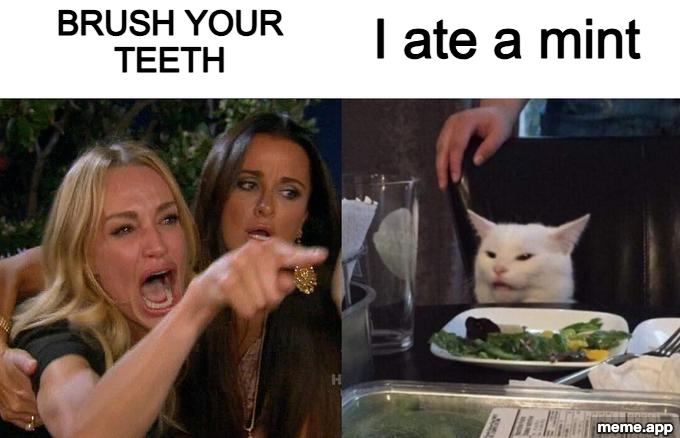 Woman Yelling at Cat meme where the woman yells brush your teeth and the cat responds I ate a mint